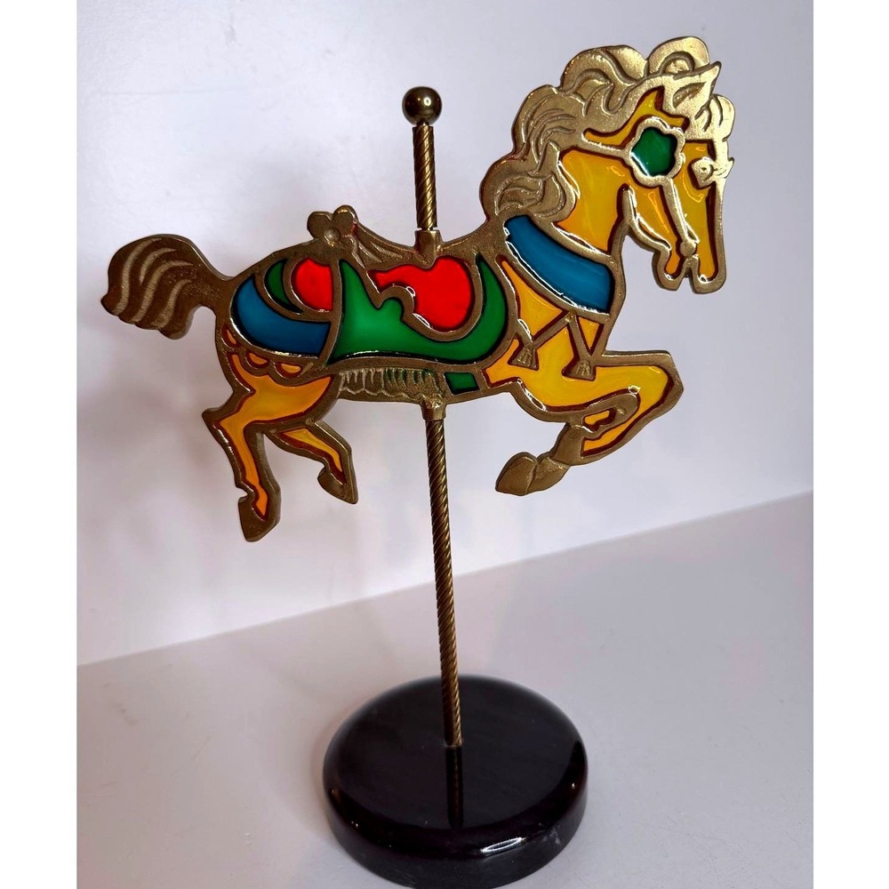 Vintage 1980s Enesco Stained Glass Carousel Horse Brass‎ Tone Heavy Base